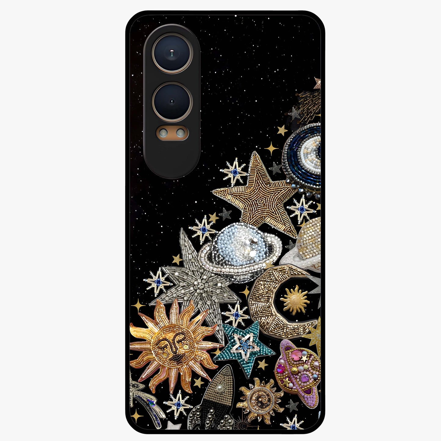 Cosmic Sparkle Dreams Glass Case for 1+Nord CE 4 Lite magical front view featuring sparkling star artwork with dreamy gradients