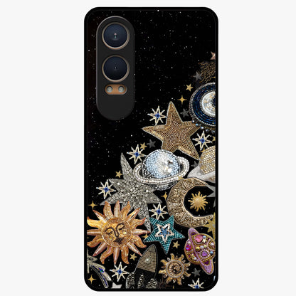 Cosmic Sparkle Dreams Glass Case for 1+Nord CE 4 Lite magical front view featuring sparkling star artwork with dreamy gradients