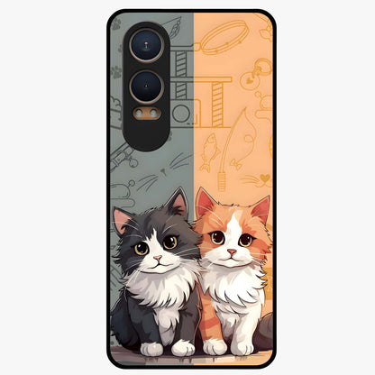 Cozy Cat Duo Glass Case for 1+Nord CE 4 Lite adorable front view featuring two cats in warm aesthetic artwork