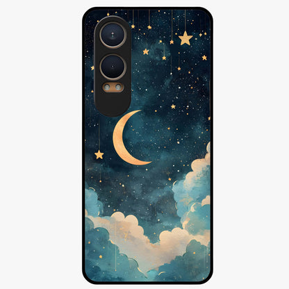 Crescent Galaxy Moon Glass Case for 1+Nord CE 4 Lite mystical front view featuring crescent moon artwork with cosmic background