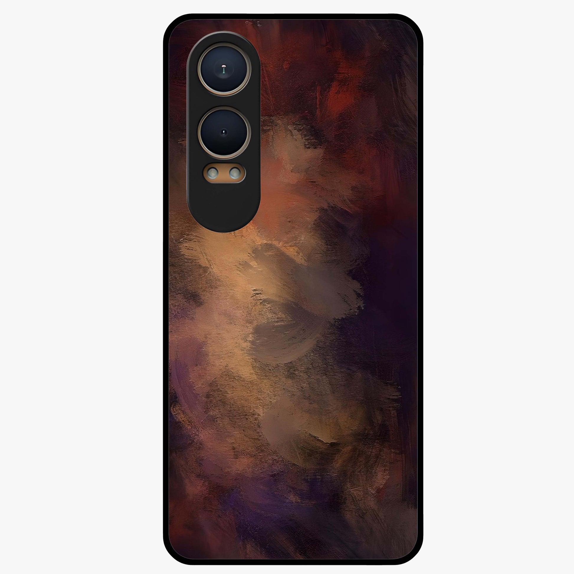 Crimson Dusk Whirl Glass Case for 1+Nord CE 4 Lite dramatic front view featuring swirling dusk inspired crimson artwork