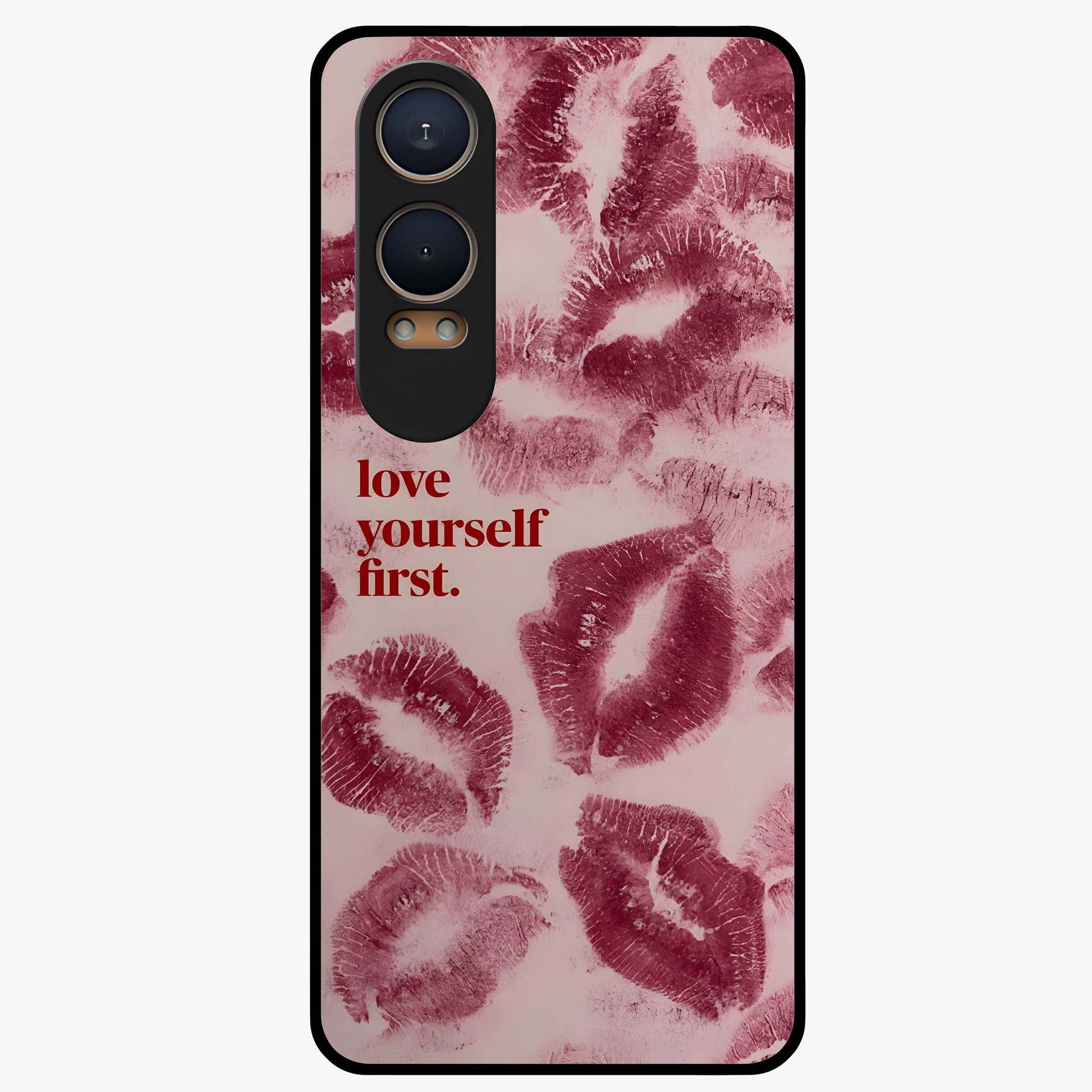 Crimson Kiss Love Glass Case for 1+Nord CE 4 Lite romantic front view featuring bold crimson love inspired artwork