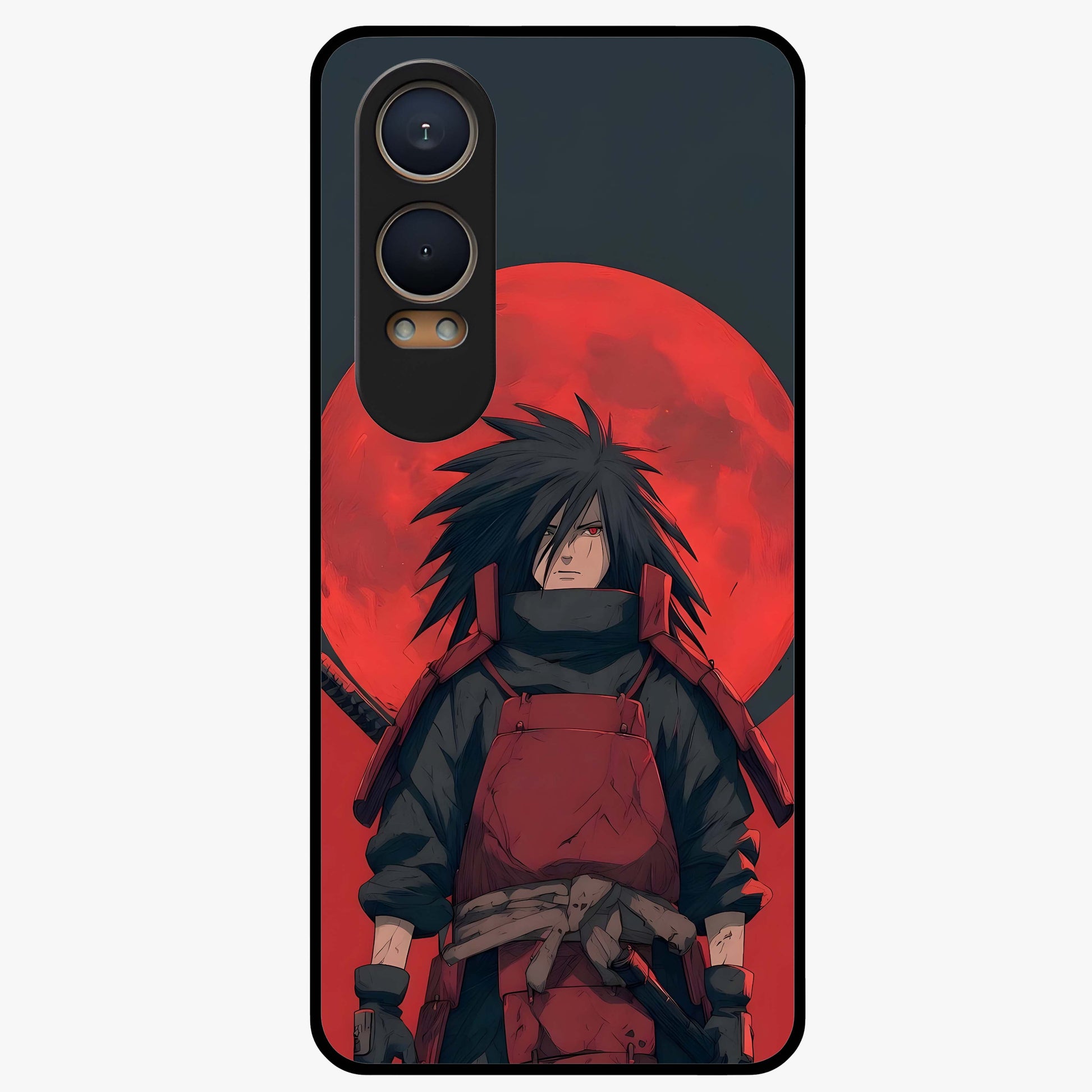 Crimson Moon Warlord Glass Case for 1+Nord CE 4 Lite dramatic front view featuring warrior themed artwork under crimson moonlight