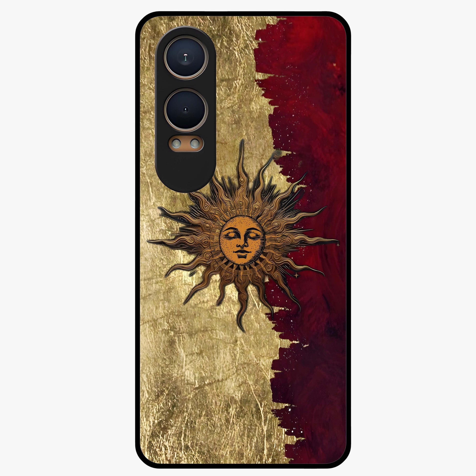 Crimson Sun Majesty Glass Case for 1+Nord CE 4 Lite radiant front view featuring glowing sun artwork in deep red hues