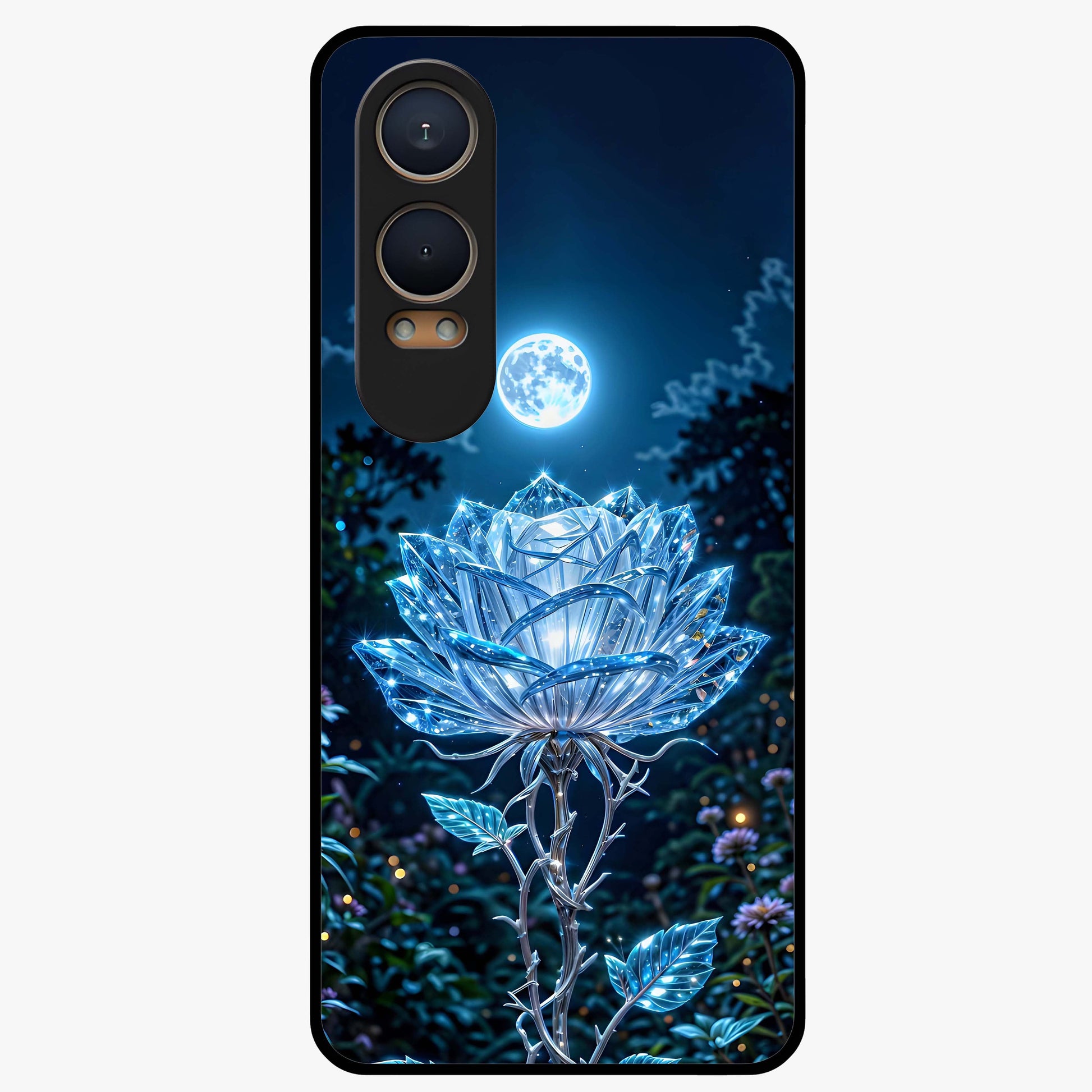 Crystal Moon Lotus Glass Case for 1+Nord CE 4 Lite serene front view featuring glowing lotus artwork under crystal moonlight