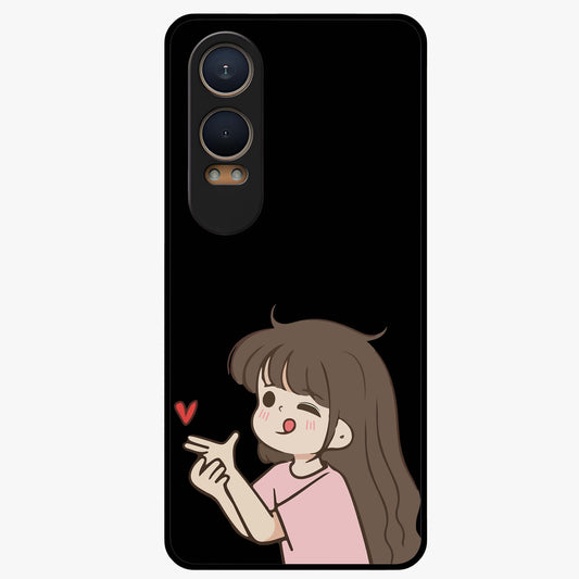Cute Girl Firing Heart Glass Case for 1+Nord Ce 4 Lite charming front view featuring animated heart themed artwork