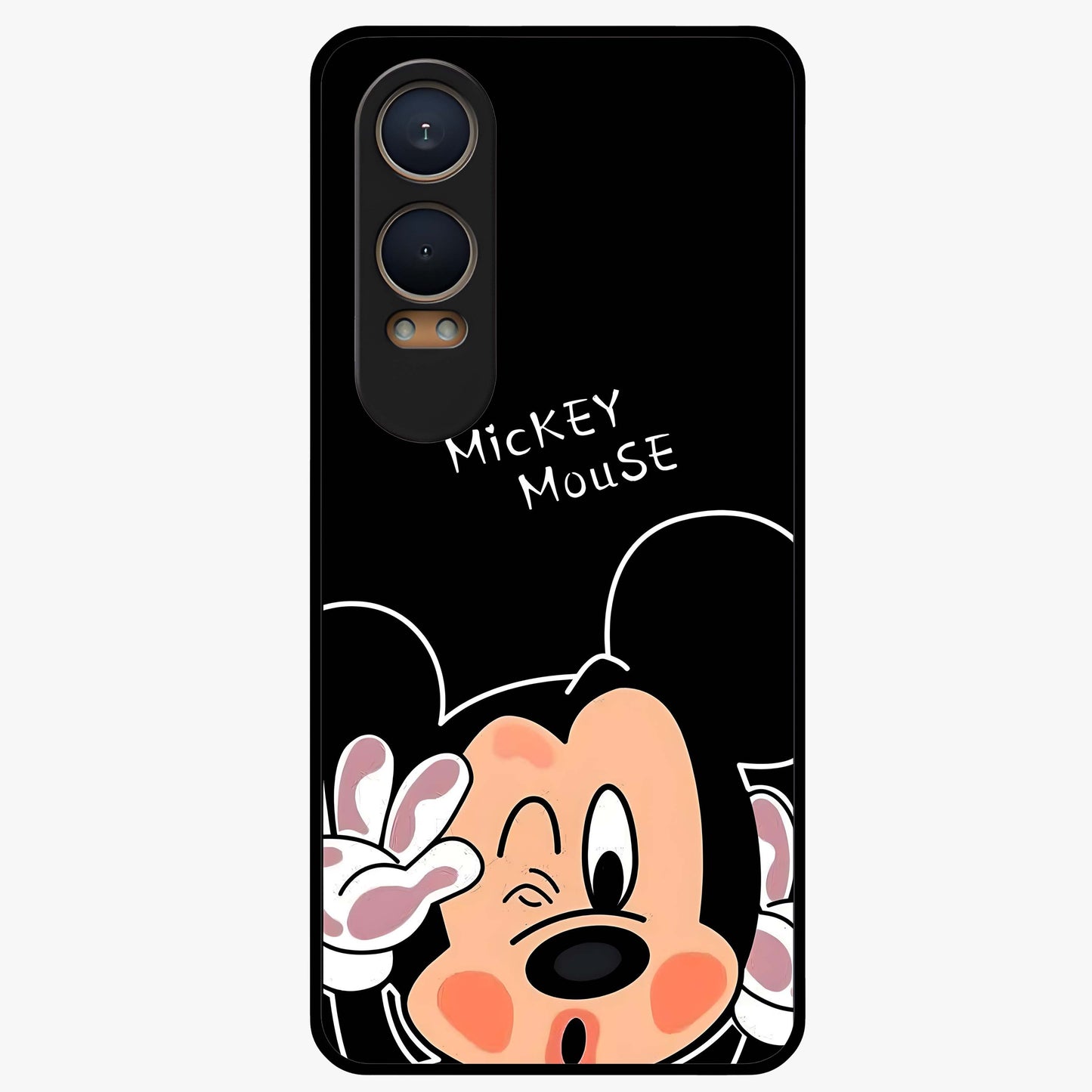Cute Mickey Love Glass Case for 1+Nord Ce 4 Lite adorable front view featuring playful cartoon love themed artwork
