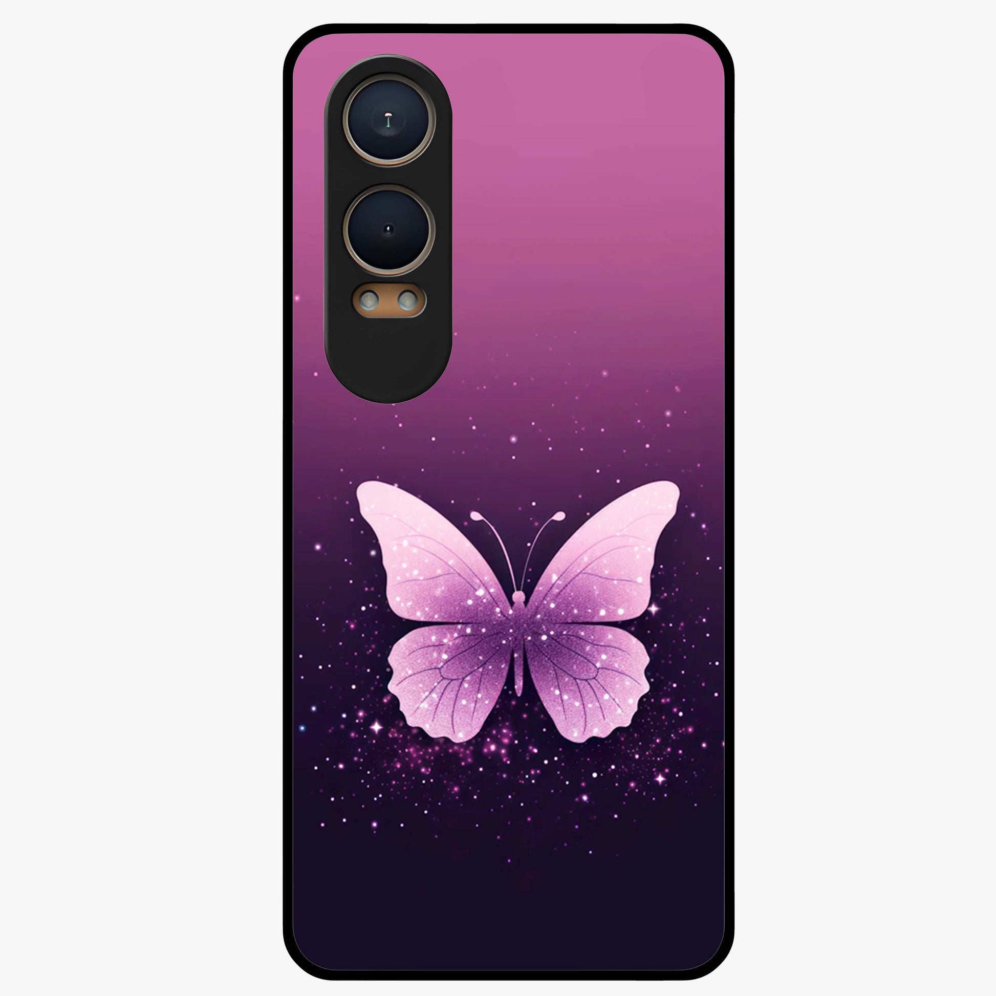 Cute Starry Butterfly Glass Case for 1+Nord Ce 4 Lite dreamy front view featuring butterfly artwork with sparkling star accents