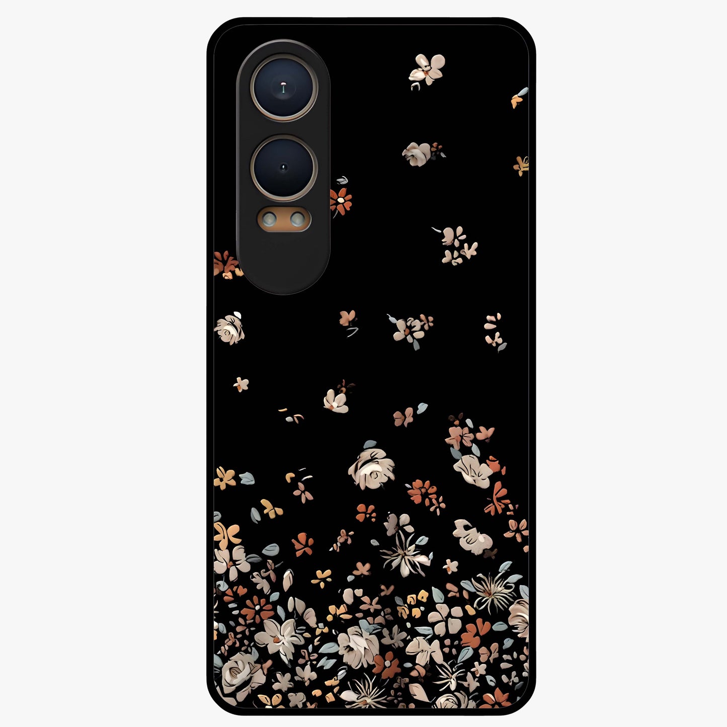 Dark Petal Aesthetic Glass Case for 1+Nord CE 4 Lite elegant front view featuring moody floral artwork with deep tones