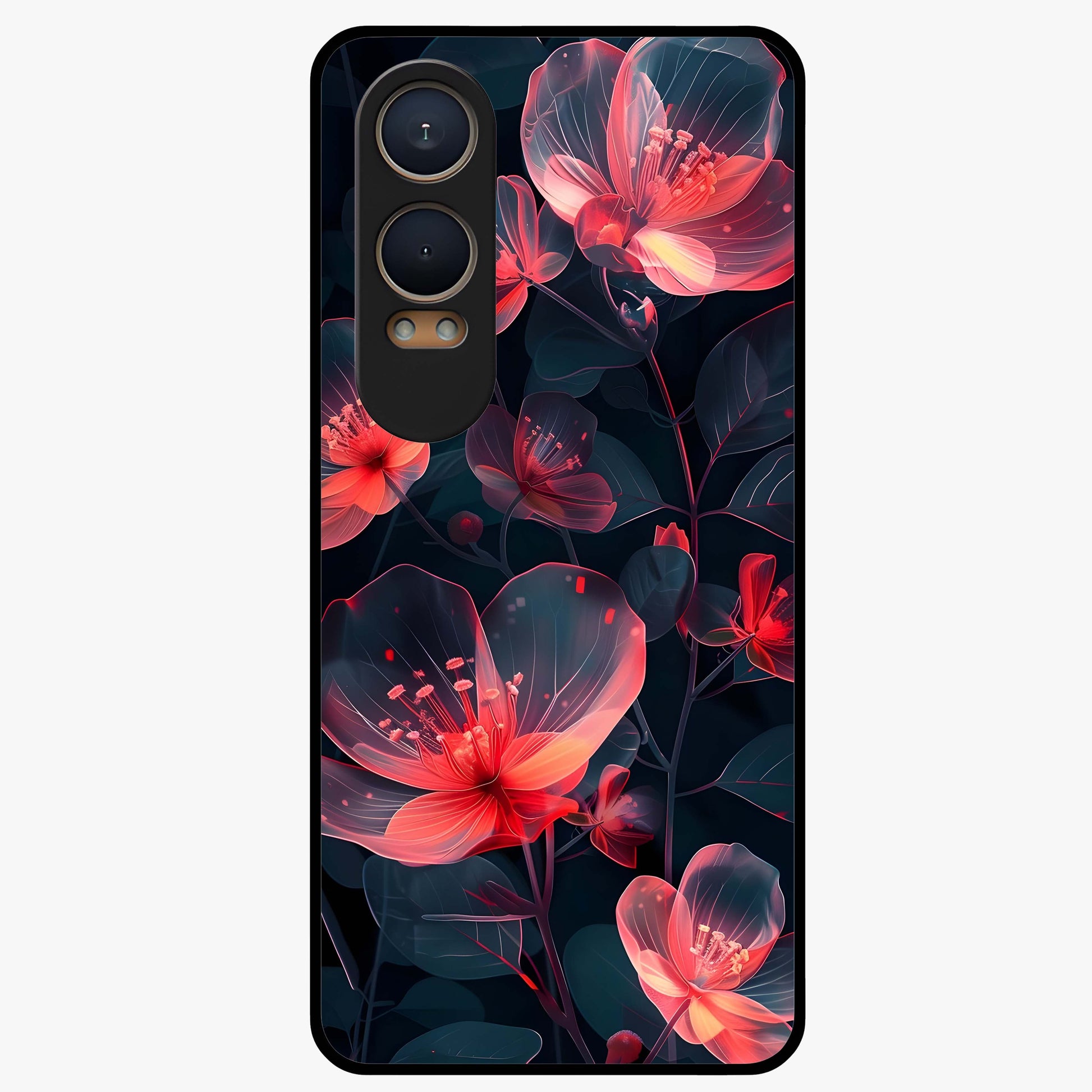 Dark Shade of Flower Glass Case for 1+Nord Ce 4 Lite artistic front view featuring floral artwork in deep shadow tones
