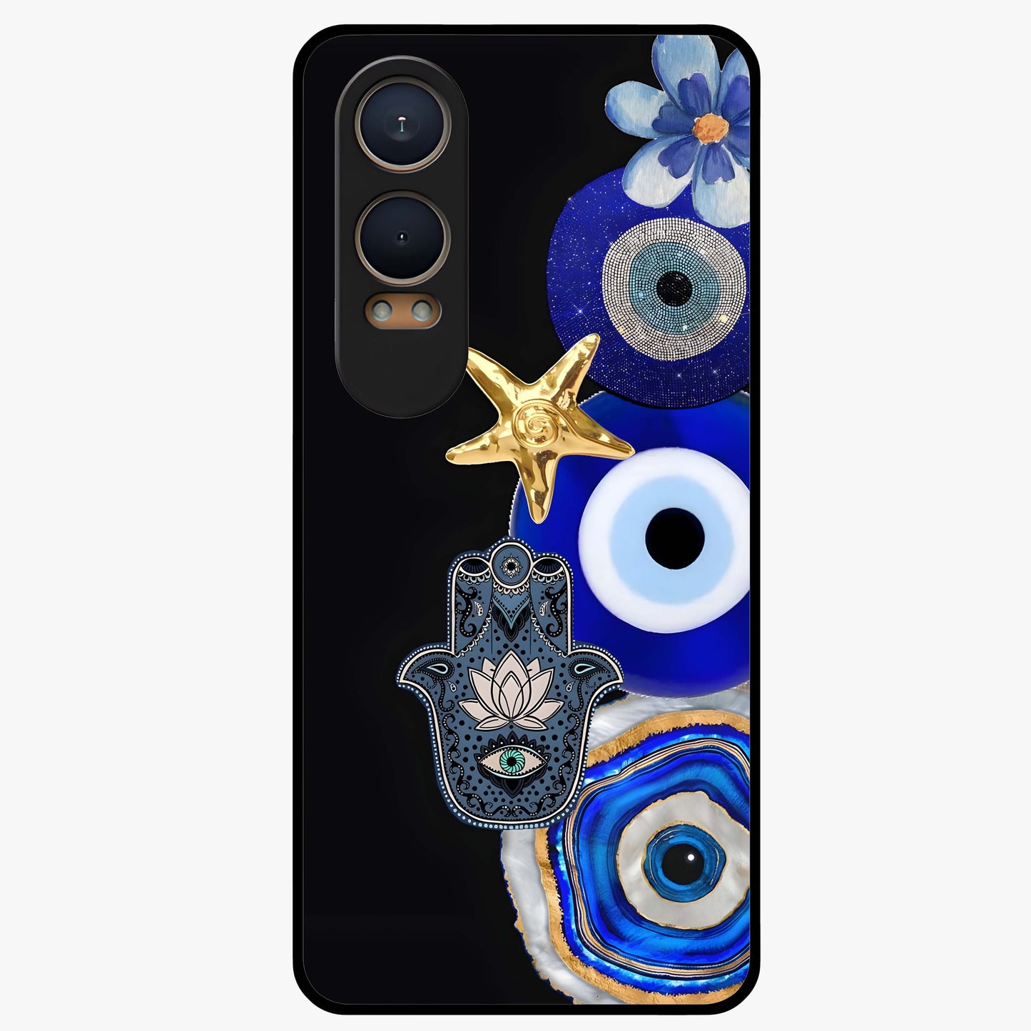 Divine Eye Bloom Glass Case for 1+Nord CE 4 Lite artistic front view featuring floral evil eye inspired artwork