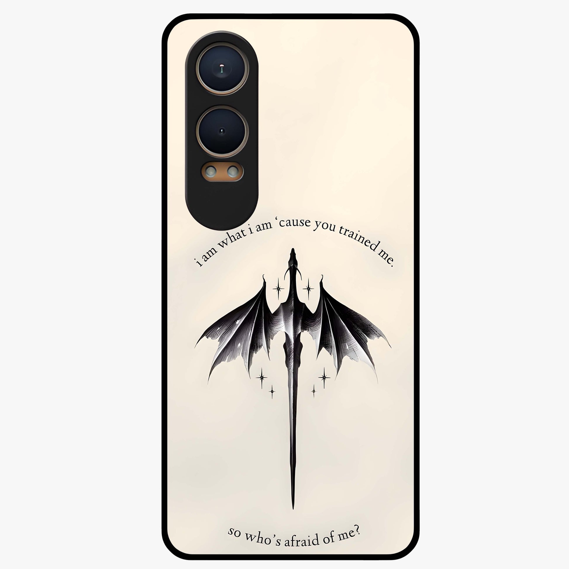Dragon Quote Art Glass Case for 1+Nord CE 4 Lite bold front view featuring dragon illustration with motivational quote artwork