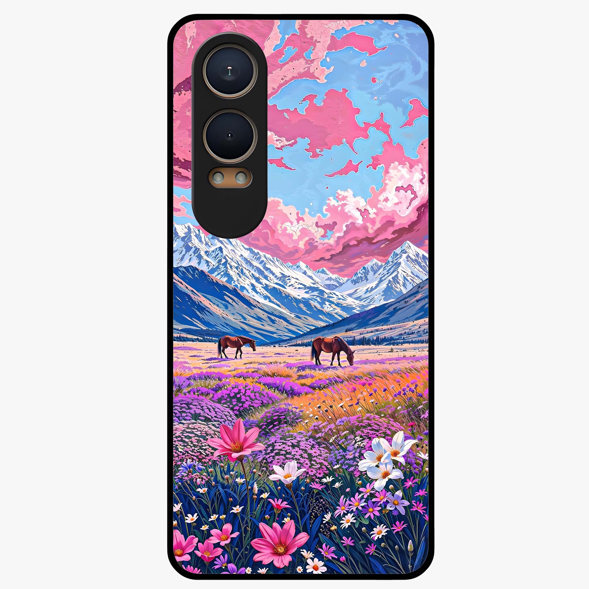 Dreamy Floral Pastures Glass Case for 1+Nord CE 4 Lite soft front view featuring pastel floral meadow artwork