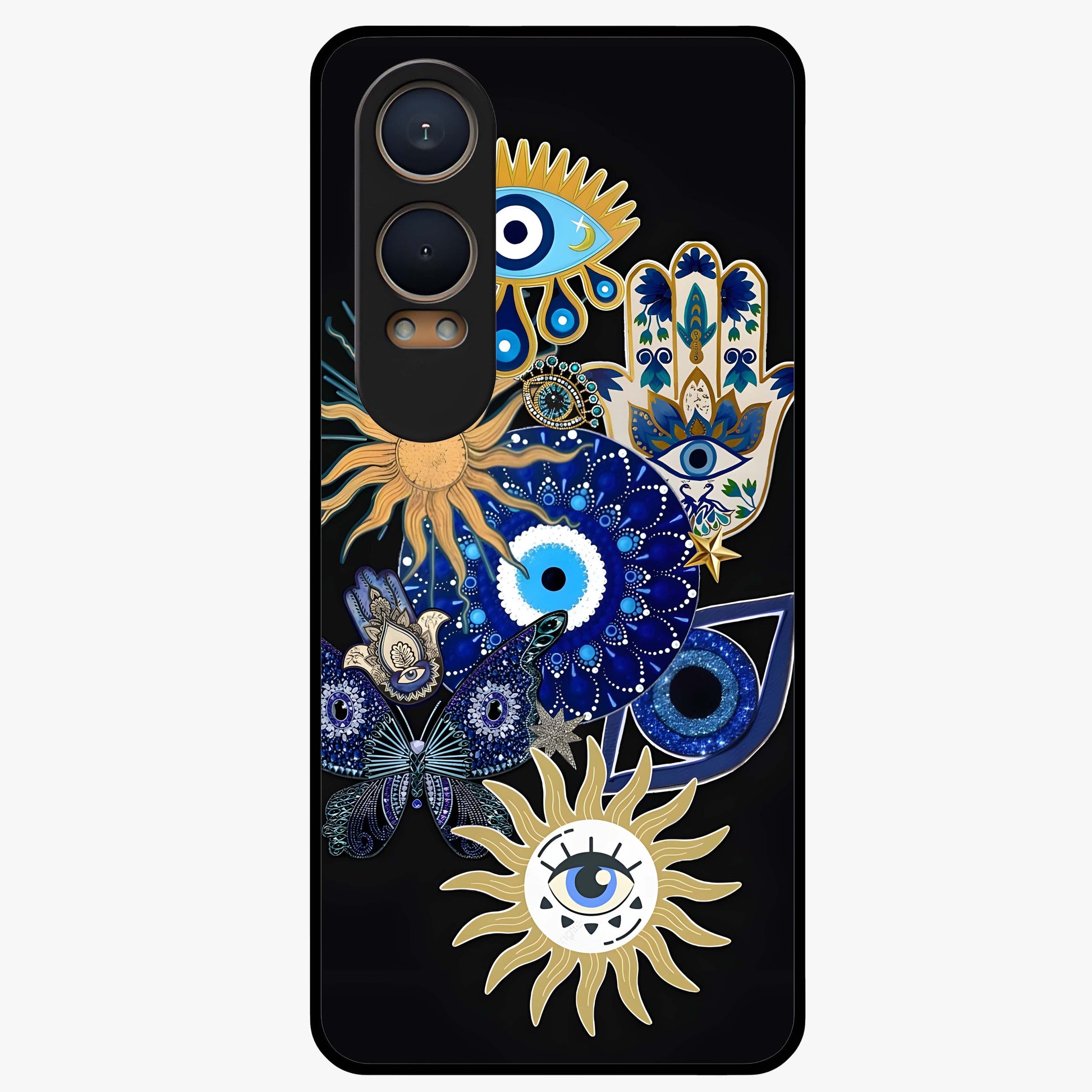 Evil Eye Charm Vibes Glass Case for 1+Nord CE 4 Lite stylish front view featuring aesthetic evil eye inspired artwork