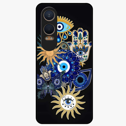 Evil Eye Charm Vibes Glass Case for 1+Nord CE 4 Lite stylish front view featuring aesthetic evil eye inspired artwork