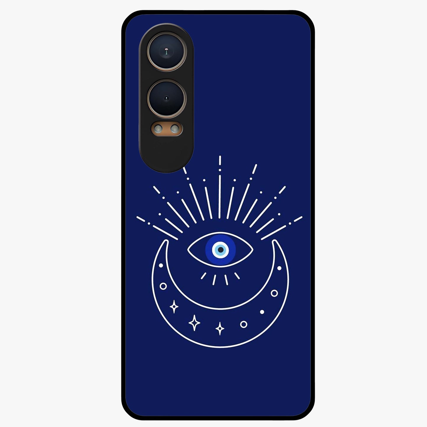 Evil Eye With Blue Themed Collage Glass Case for 1+Nord CE 4 Lite artistic front view featuring blue collage style evil eye artwork