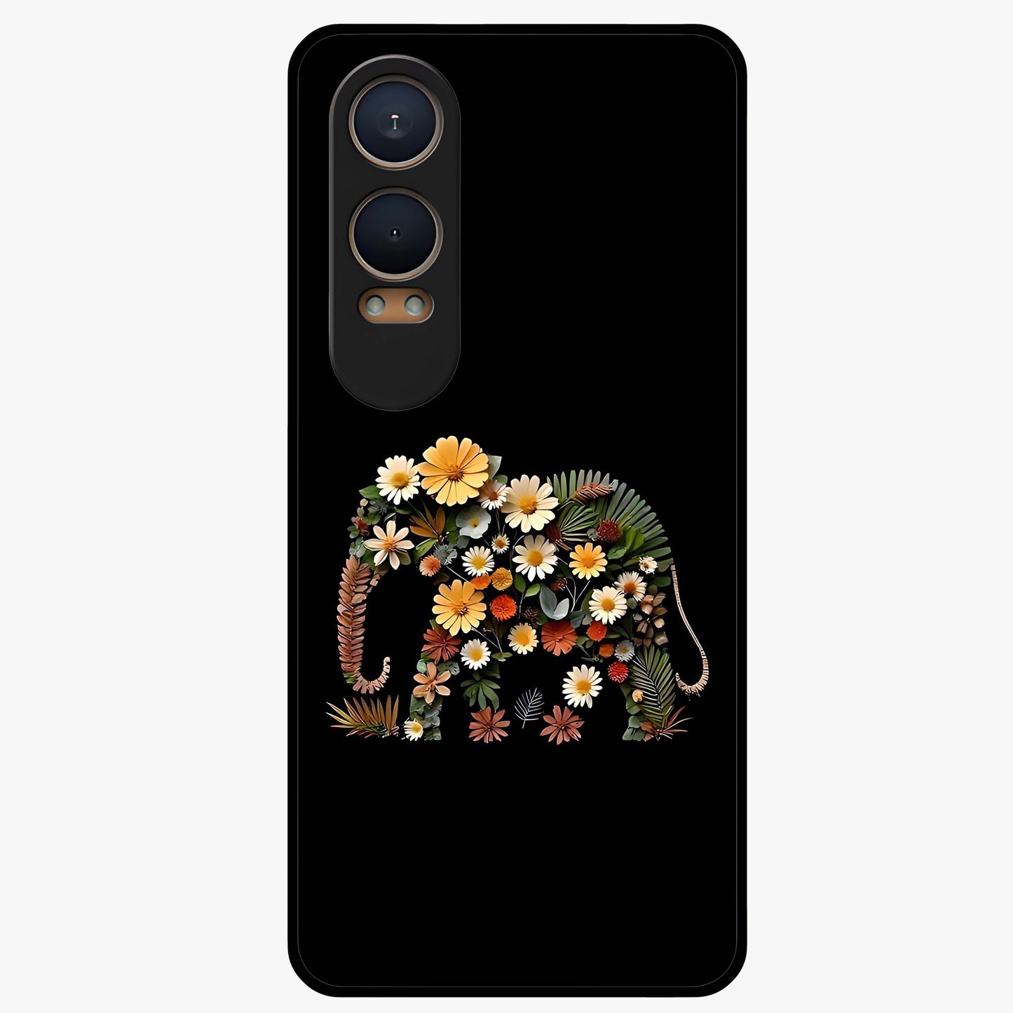 Floral Elephant Glass Case for 1+Nord CE 4 Lite artistic front view featuring elephant illustration with floral detailing