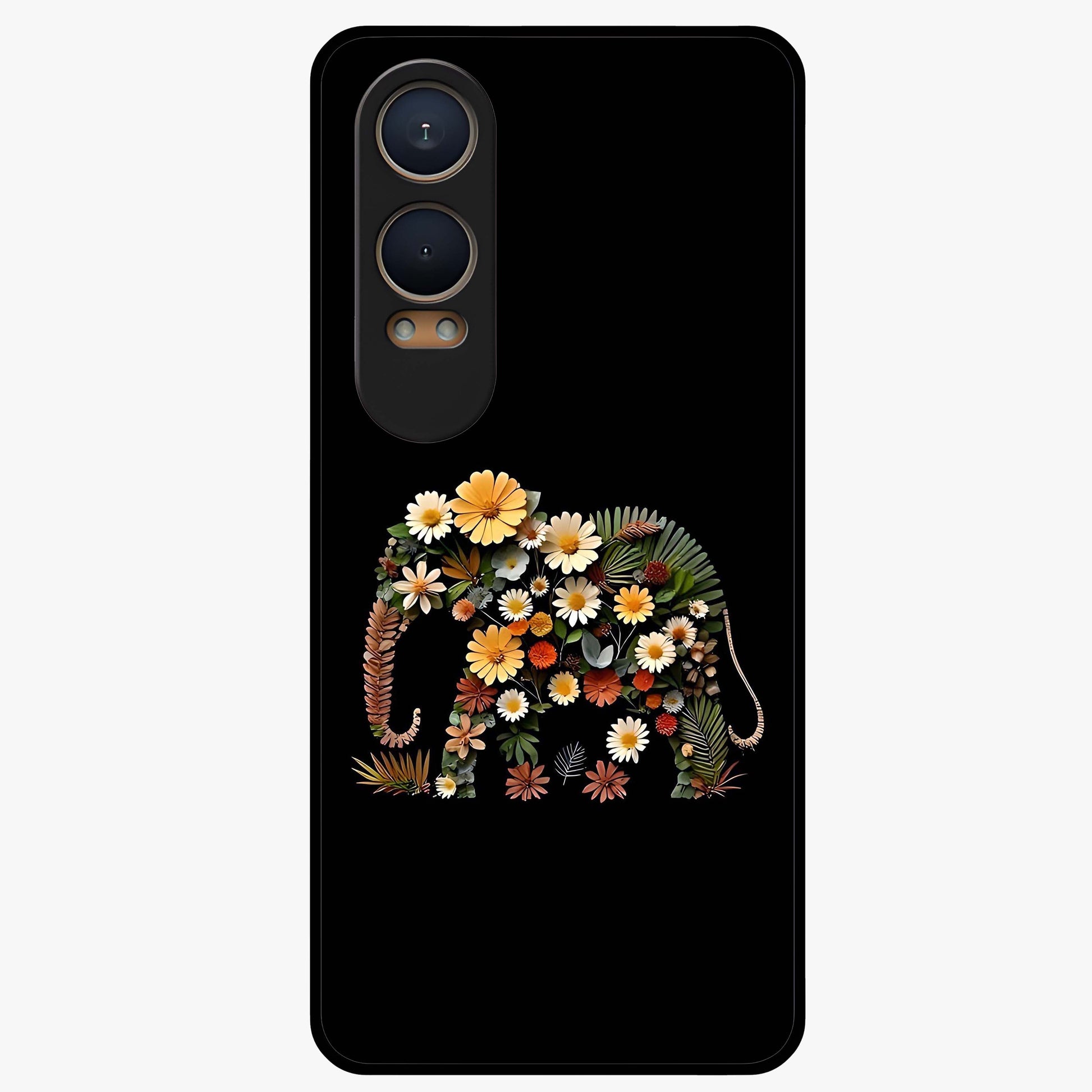 Floral Elephant Glass Case for 1+Nord CE 4 Lite artistic front view featuring elephant illustration with floral detailing