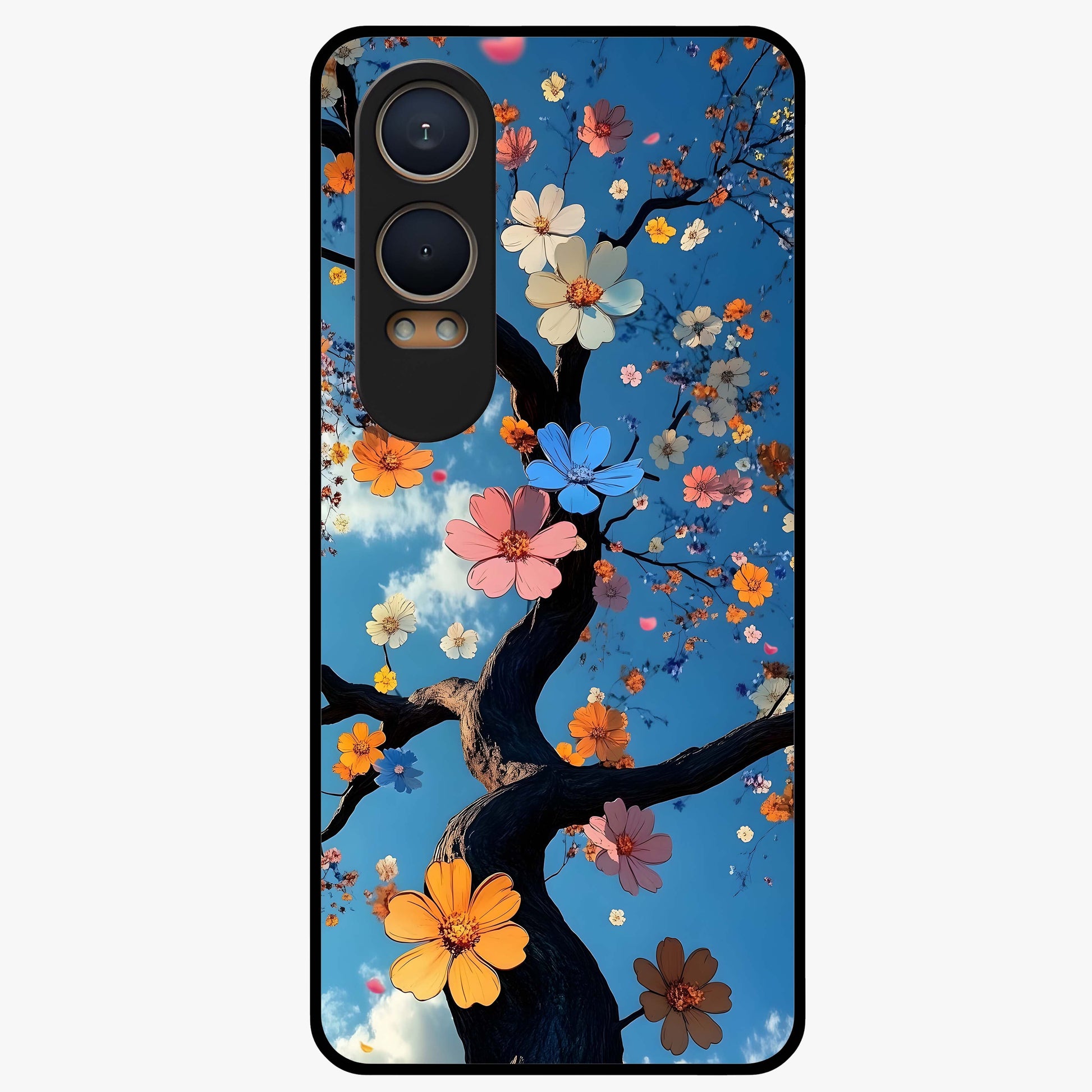 Floral Tree Glass Case for 1+Nord CE 4 Lite elegant front view featuring blooming tree artwork