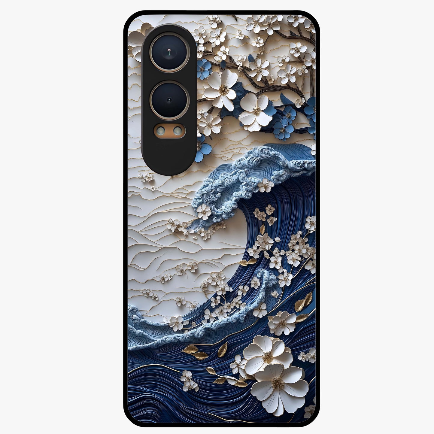 Floral Wave Origami Glass Case for 1+Nord CE 4 Lite artistic front view featuring folded origami inspired floral wave artwork