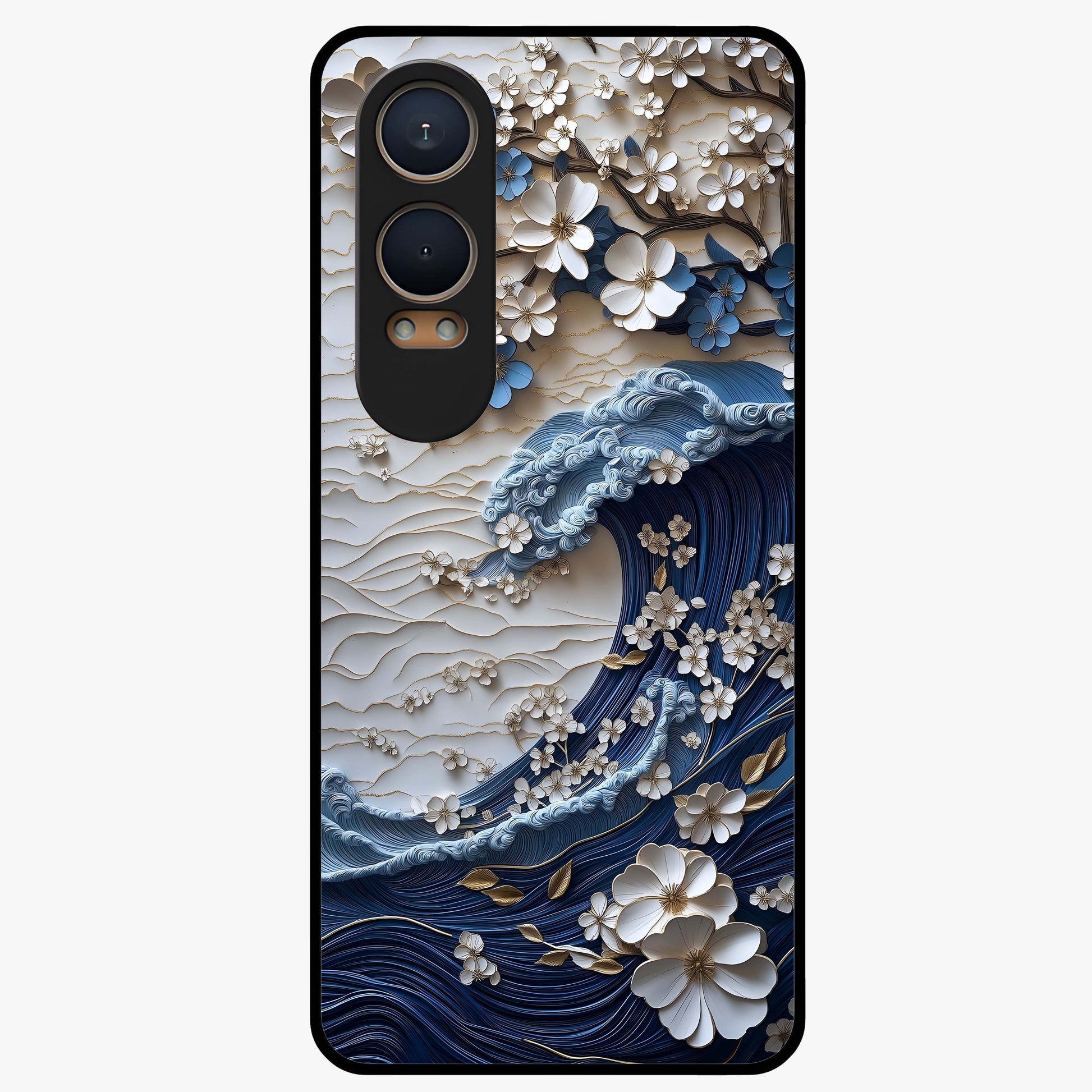 Floral Wave Origami Glass Case for 1+Nord CE 4 Lite artistic front view featuring folded origami inspired floral wave artwork