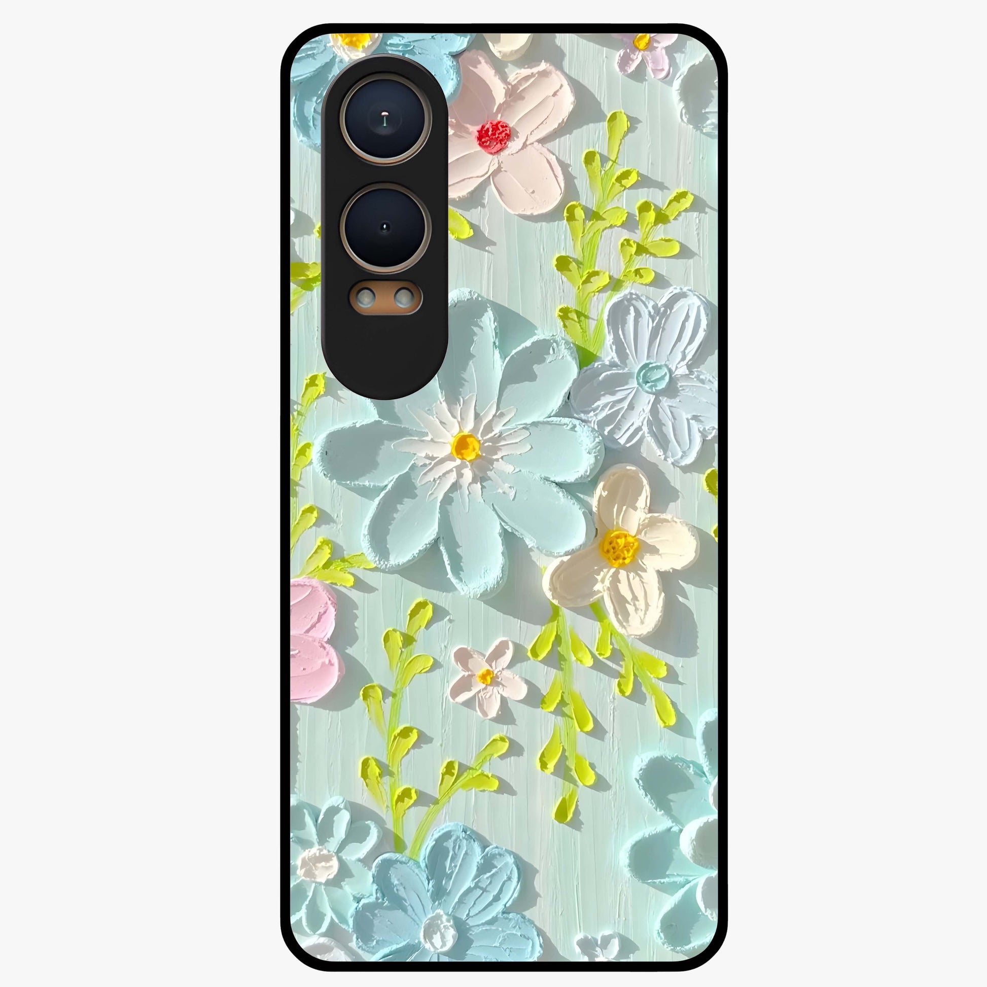 Frosted Petal Garden Glass Case for 1+Nord CE 4 Lite soft front view featuring delicate floral artwork with frosted aesthetic tones