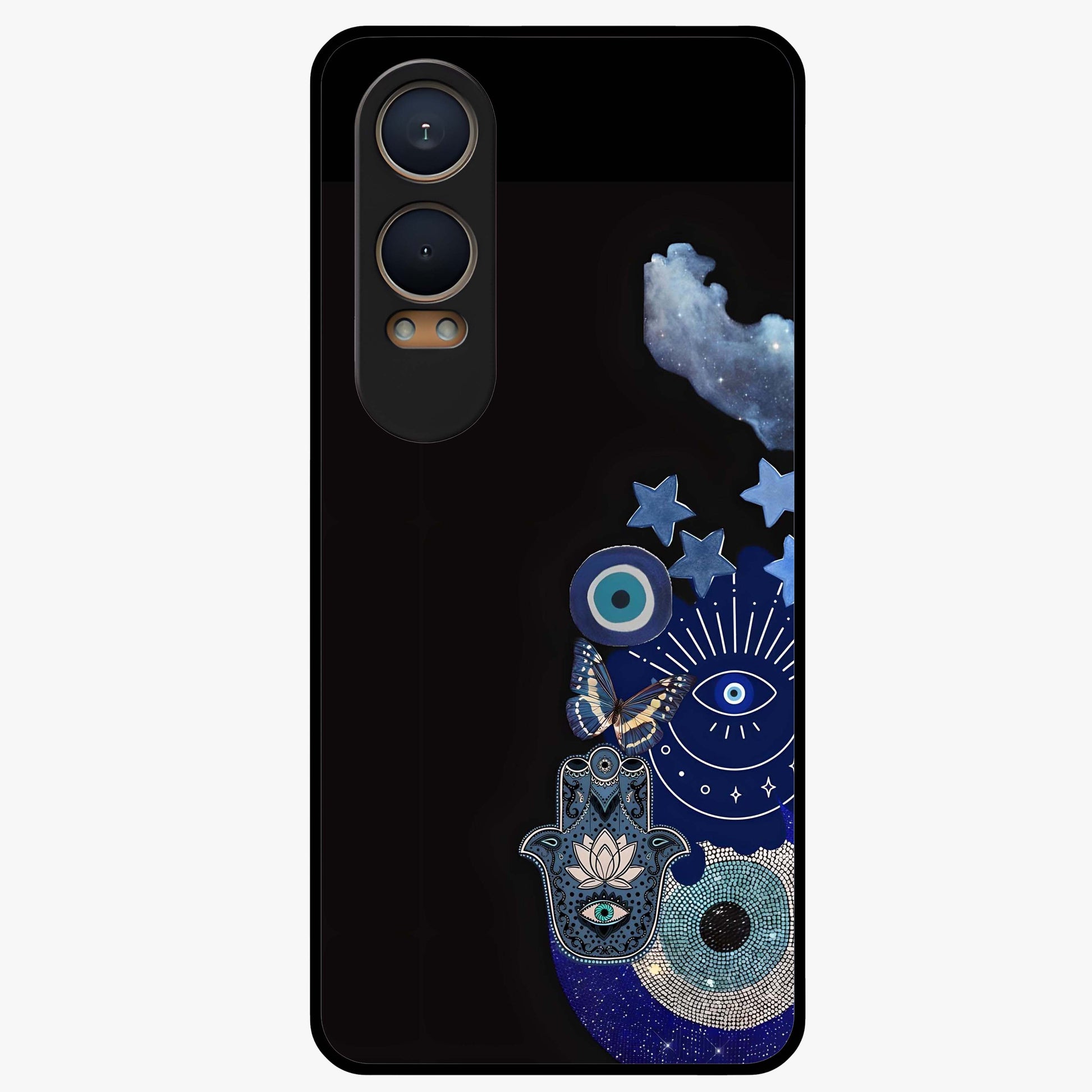 Galactic Charm Cluster Glass Case for 1+Nord CE 4 Lite artistic front view featuring clustered cosmic charm artwork