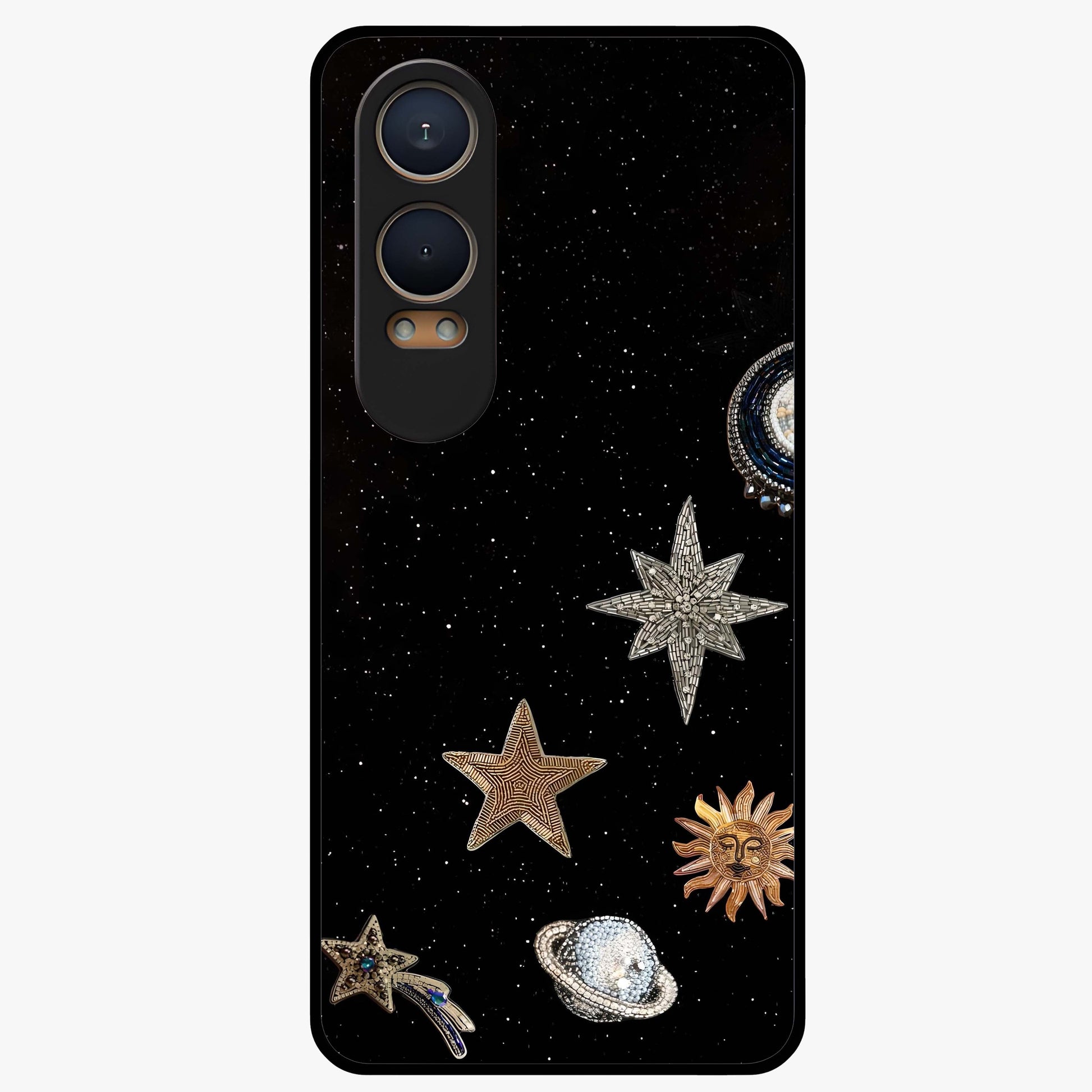 Galactic Charm Glow Glass Case for 1+Nord CE 4 Lite radiant front view featuring glowing cosmic charm artwork