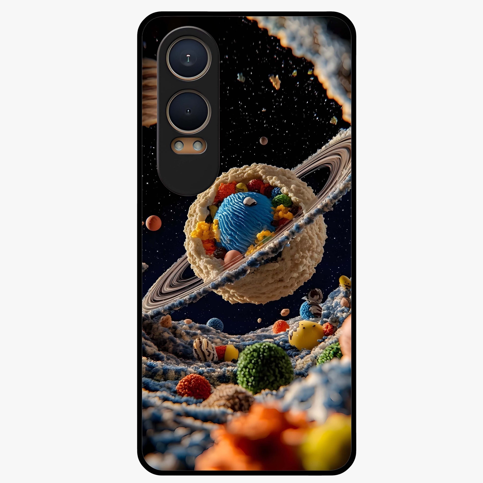 Galactic Dessert Dream Printed Glass Case for 1+Nord CE 4 Lite playful front view featuring dessert themed artwork with cosmic twist