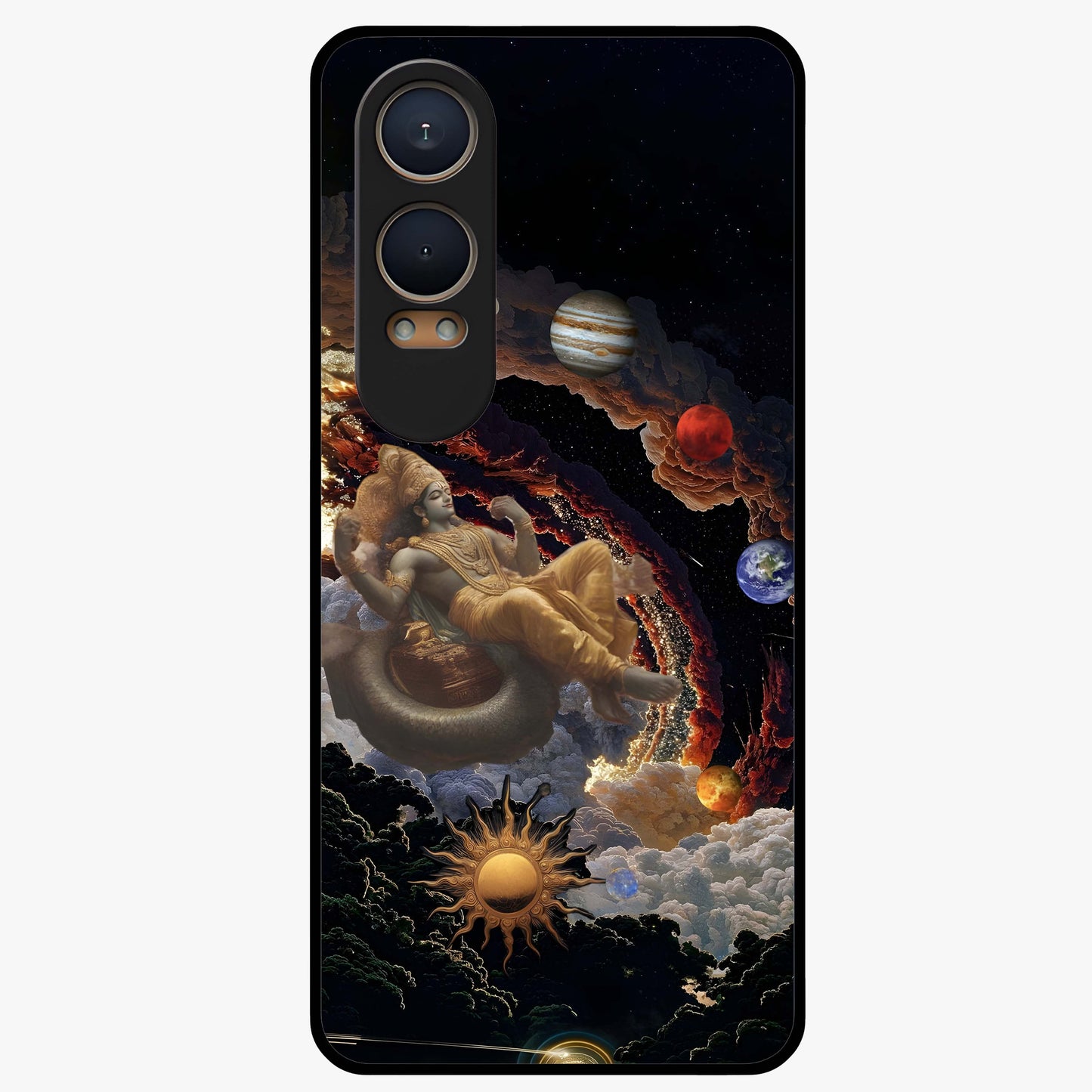 Galactic Divine God Glass Case for 1+Nord CE 4 Lite powerful front view featuring divine artwork blended with cosmic background