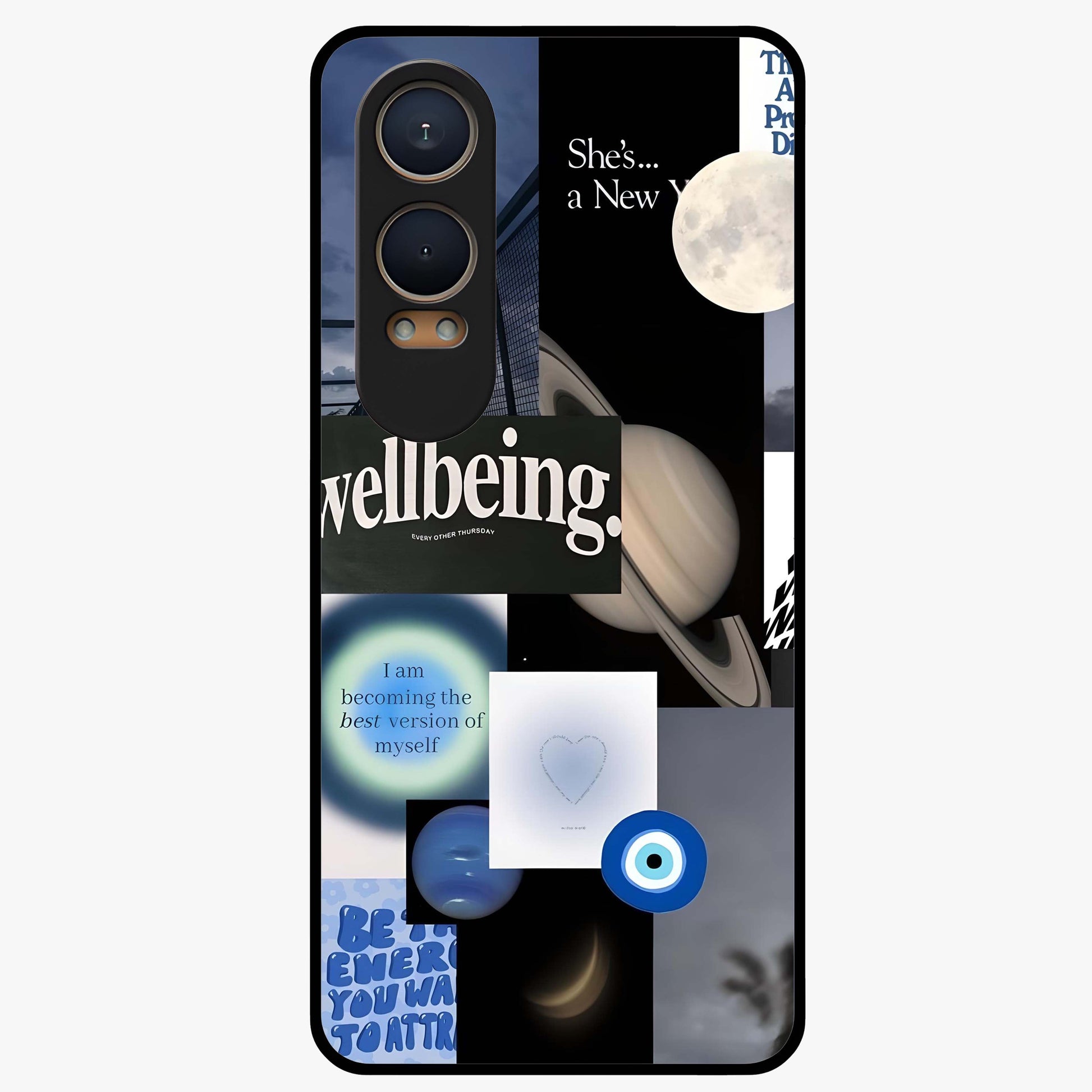 Galactic Energy Collage Glass Case for 1+Nord CE 4 Lite artistic front view featuring layered cosmic collage artwork