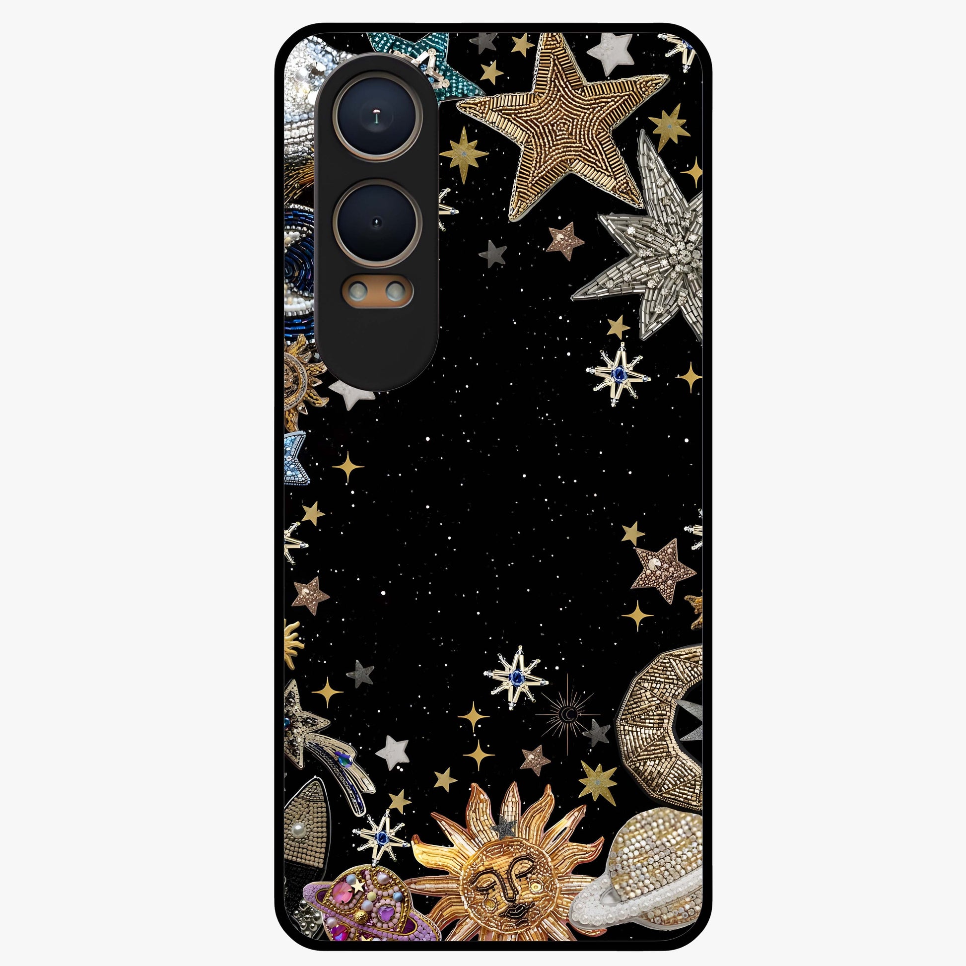 Galactic Jewel Stars Glass Case for 1+Nord CE 4 Lite elegant front view featuring sparkling jewel inspired star artwork