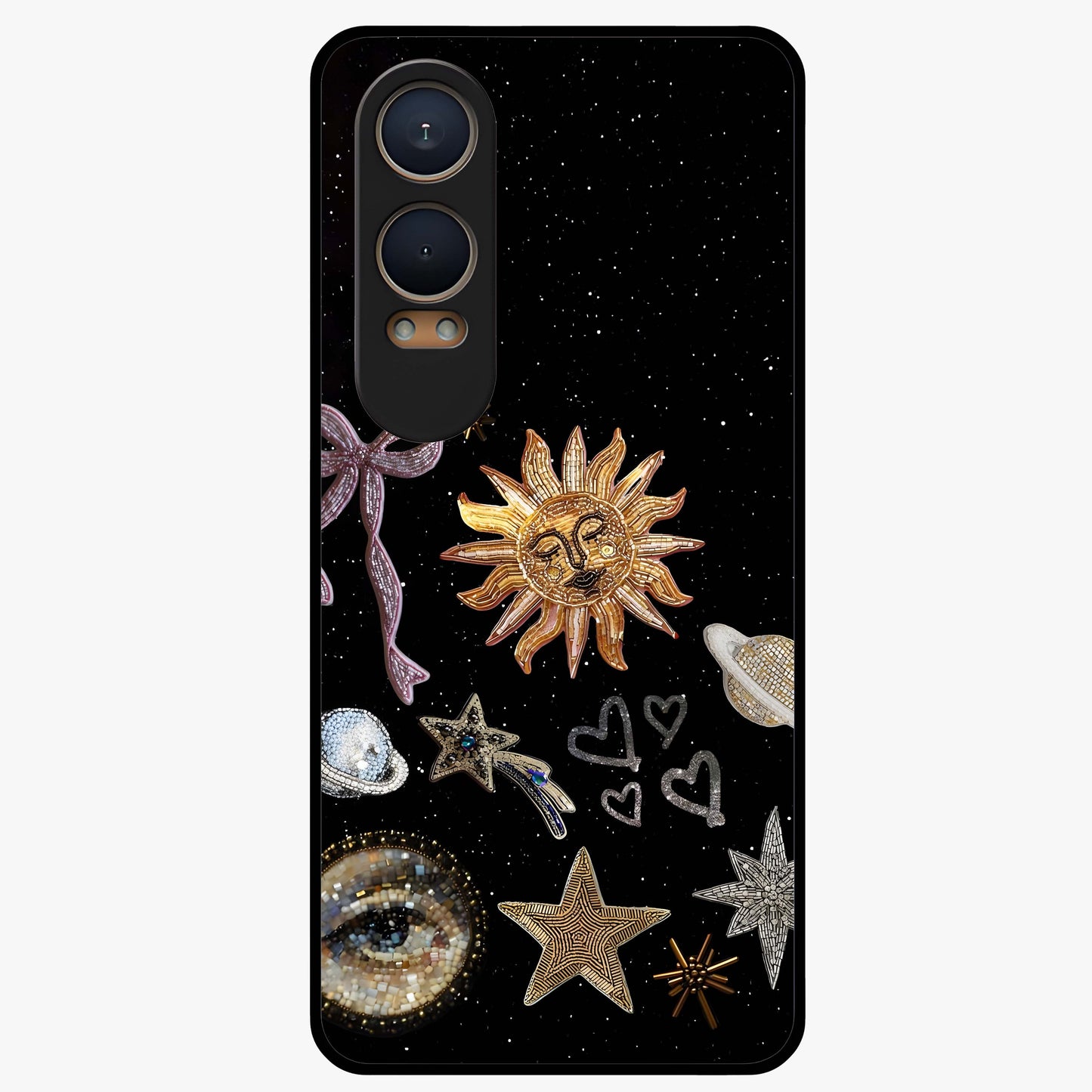 Galactic Sun Charm Glass Case for 1+Nord CE 4 Lite radiant front view featuring celestial sun artwork with cosmic accents