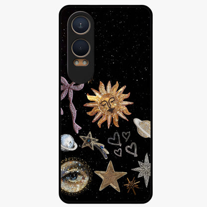 Galactic Sun Charm Glass Case for 1+Nord CE 4 Lite radiant front view featuring celestial sun artwork with cosmic accents