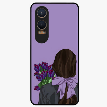 Girl Holding Flowers Glass Case for 1+Nord Ce 4 Lite aesthetic front view featuring soft illustrated character with floral bouquet