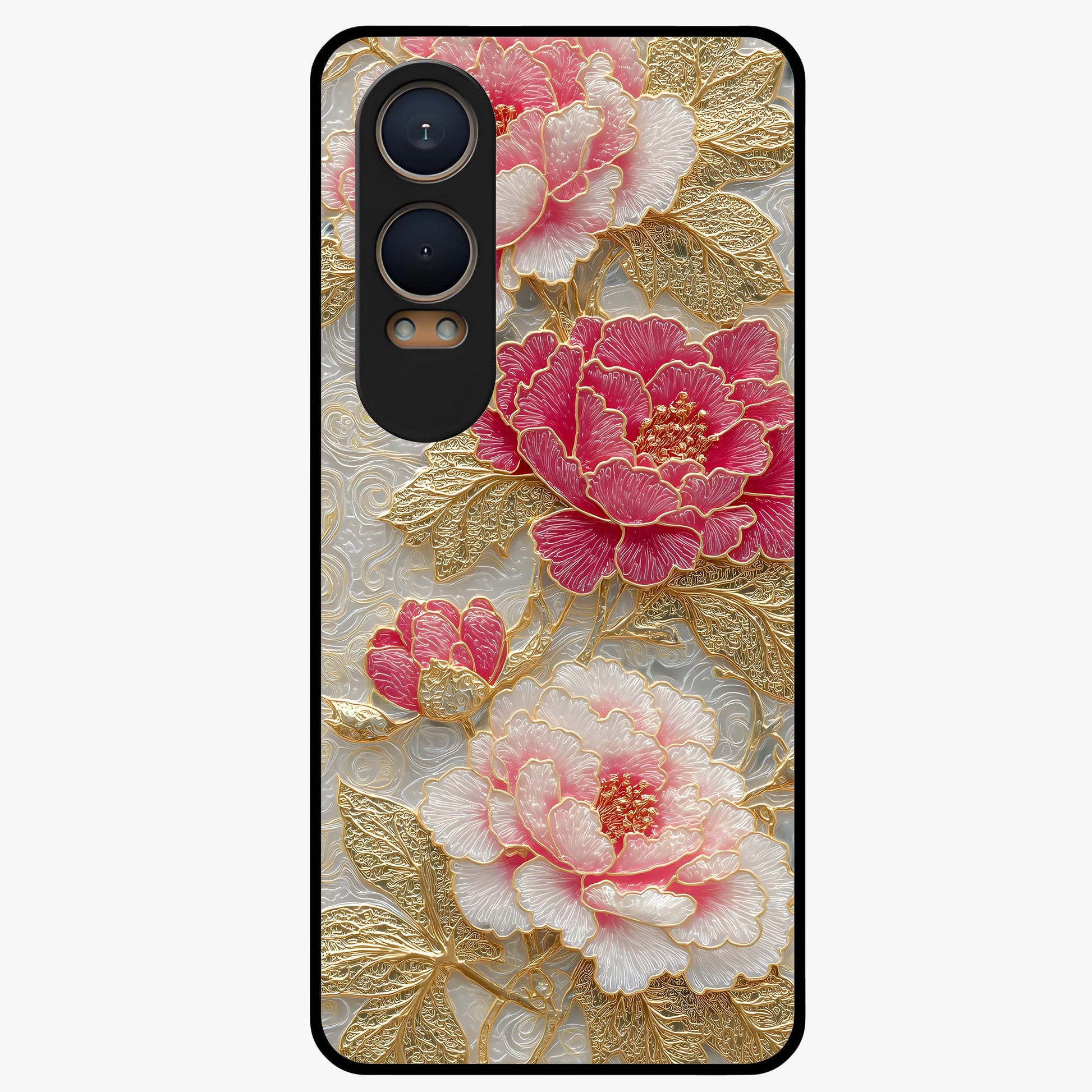 Golden Blossom Elegance Glass Case for 1+Nord CE 4 Lite graceful front view featuring refined golden floral artwork