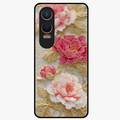 Golden Blossom Elegance Glass Case for 1+Nord CE 4 Lite graceful front view featuring refined golden floral artwork