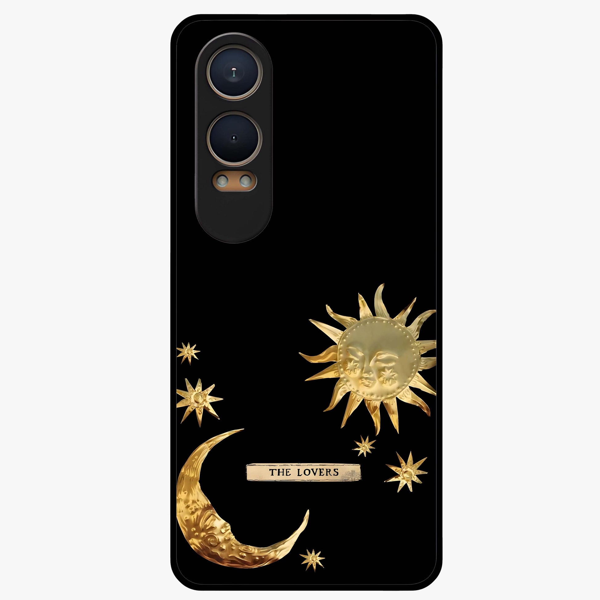 Golden Celestial Charm Glass Case for 1+Nord CE 4 Lite radiant front view featuring celestial artwork with golden accents