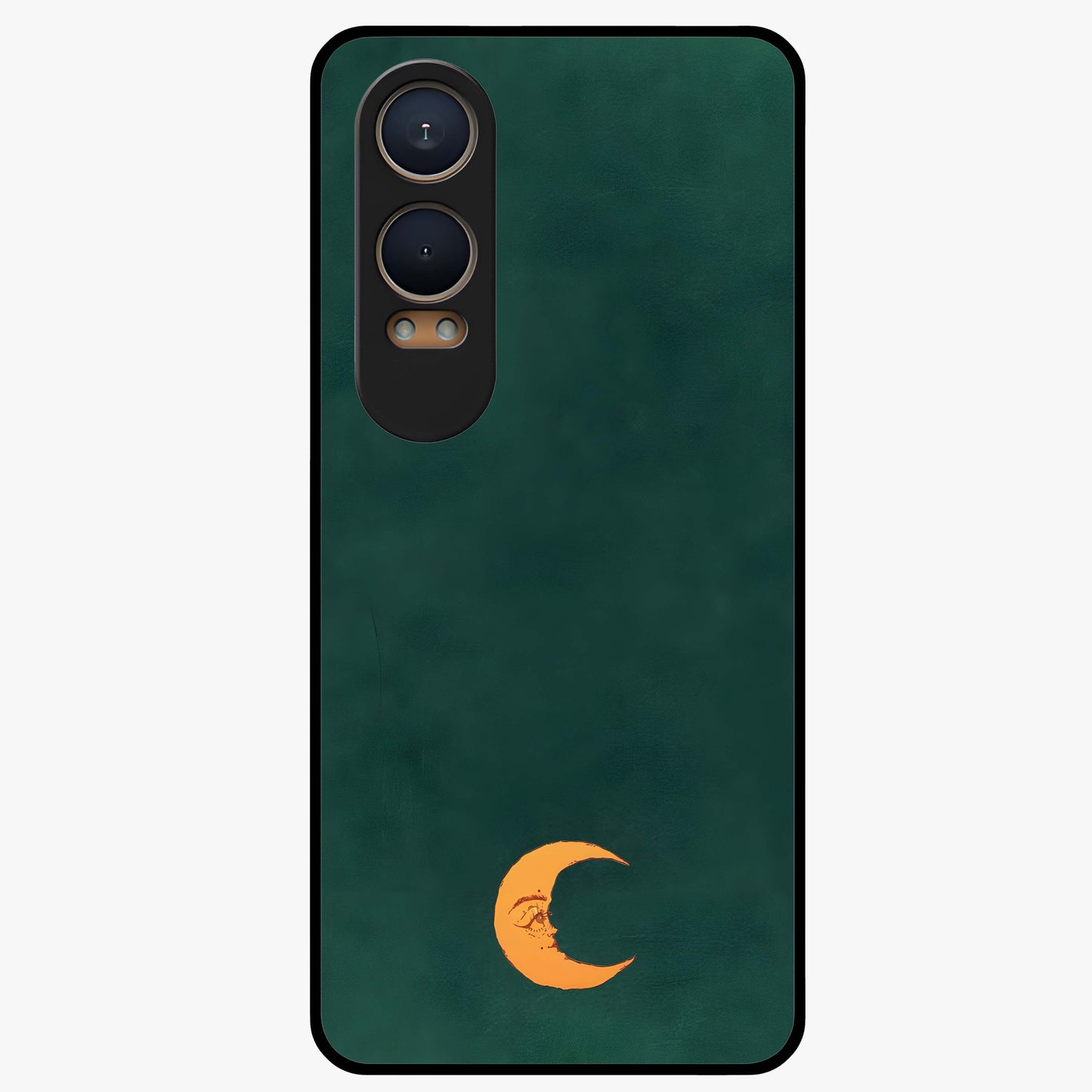 Golden Crescent Mood Glass Case for 1+Nord CE 4 Lite artistic front view featuring crescent moon artwork in warm golden tones