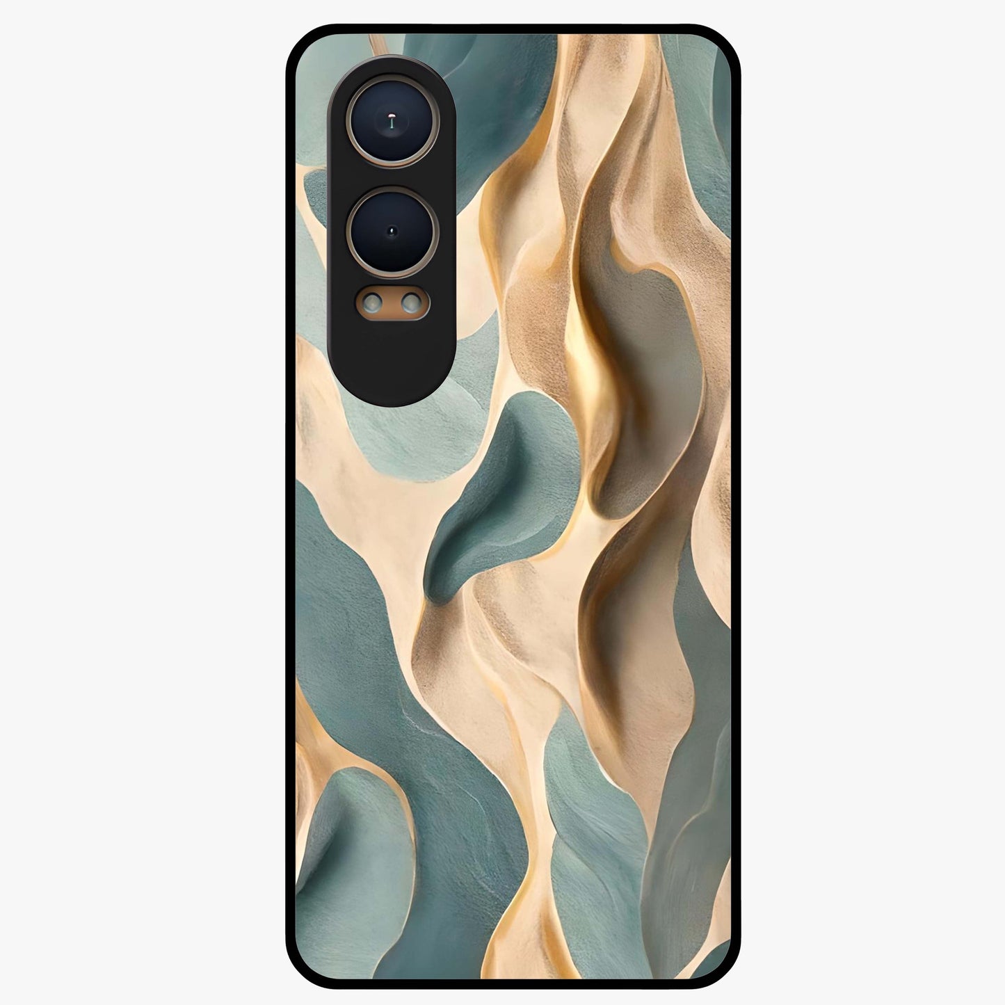 Golden Dune Waves Glass Case for 1+Nord CE 4 Lite scenic front view featuring flowing desert dune artwork in golden hues