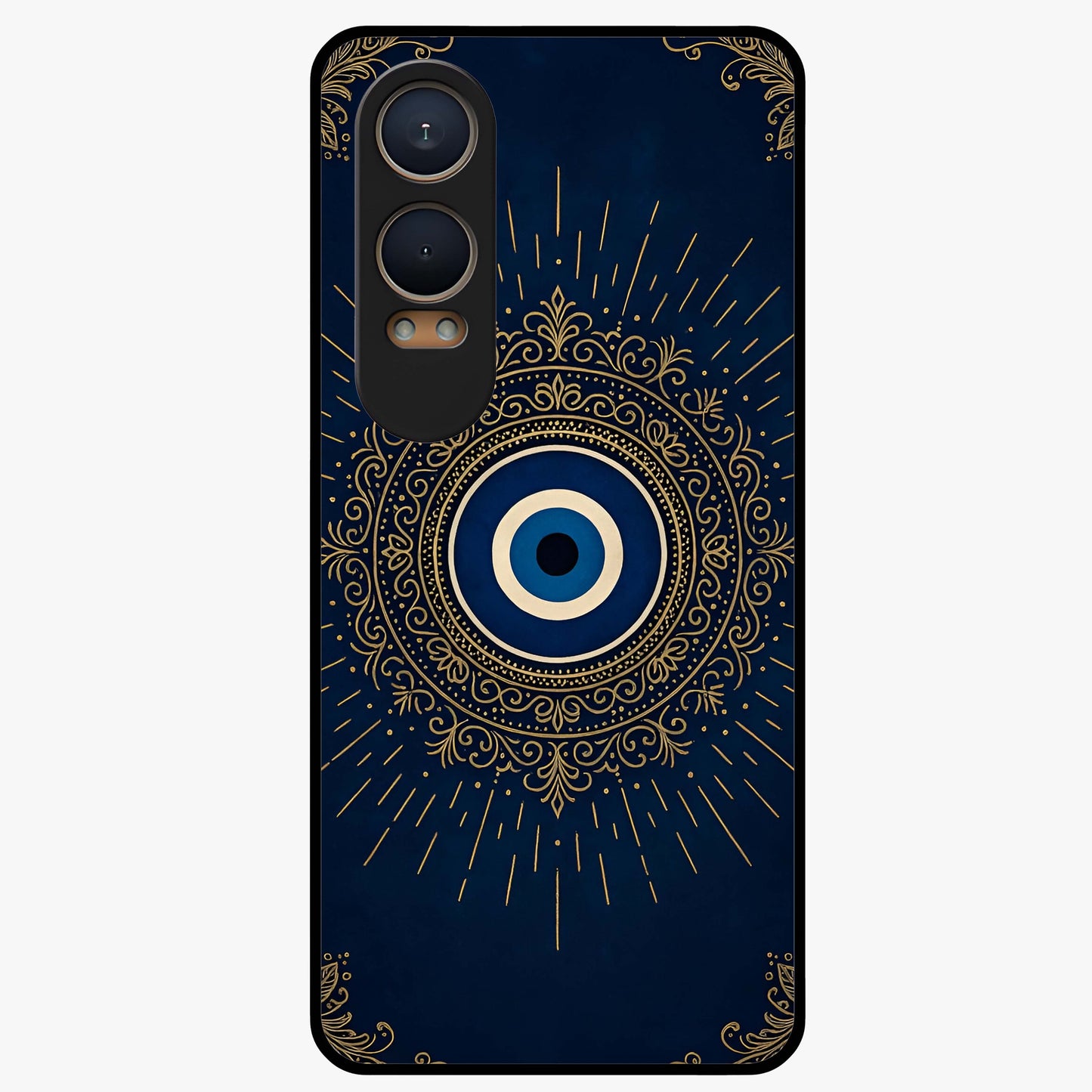 Golden Evil Eye Mandala Glass Case for 1+Nord CE 4 Lite bold front view featuring intricate mandala artwork with golden evil eye