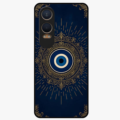 Golden Evil Eye Mandala Glass Case for 1+Nord CE 4 Lite bold front view featuring intricate mandala artwork with golden evil eye
