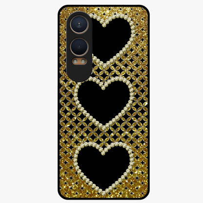 Golden Heart Glow Glass Case for 1+Nord CE 4 Lite romantic front view featuring glowing golden heart artwork