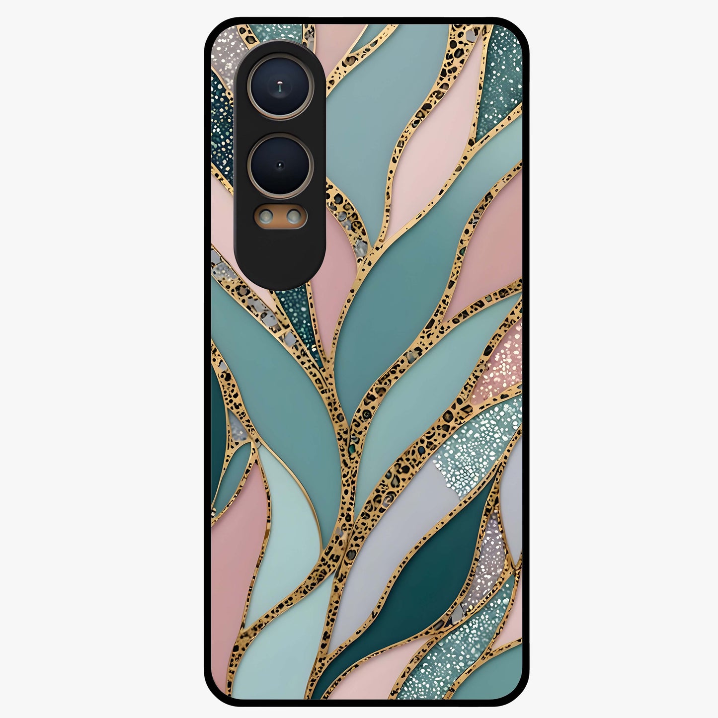 Golden Leaf Dreams Glass Case for 1+Nord CE 4 Lite elegant front view featuring shimmering golden leaf artwork