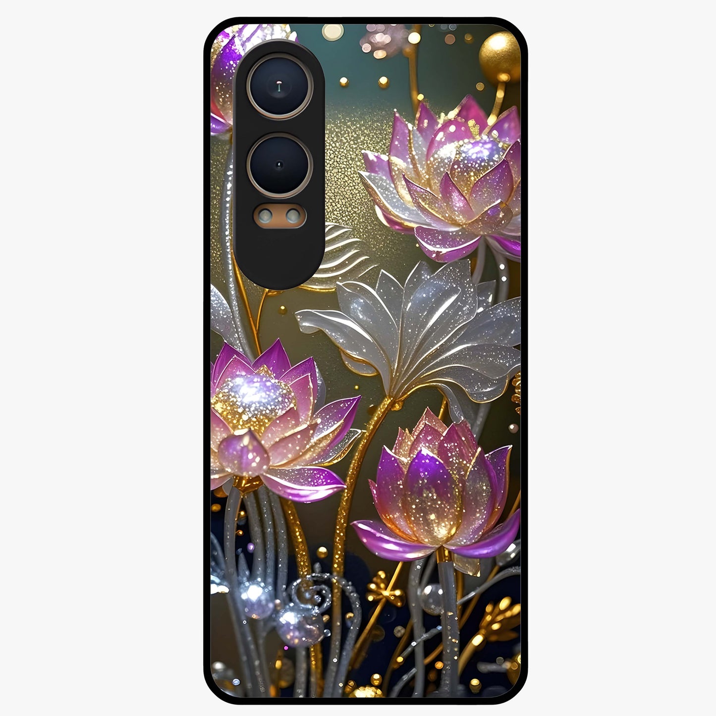 Golden Lotus Glow Glass Case for 1+Nord CE 4 Lite serene front view featuring radiant lotus artwork in golden hues