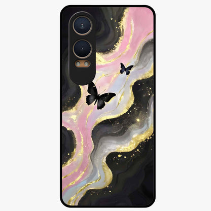 Golden Mist Butterflies Glass Case for 1+Nord CE 4 Lite elegant front view featuring soft golden butterfly artwork with misty tones