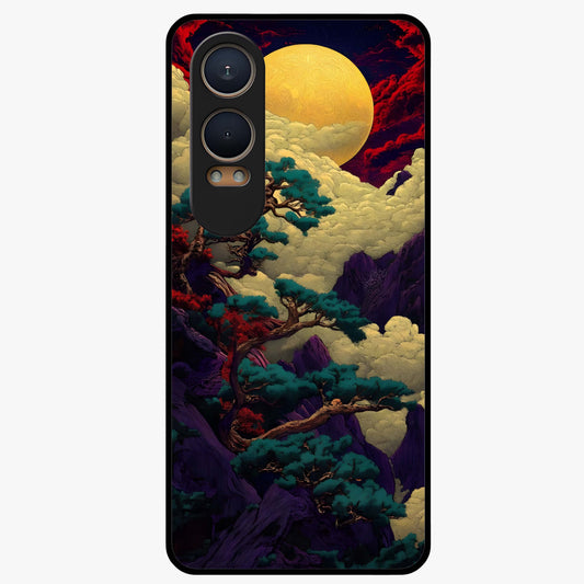 Golden Moon Horizon Glass Case for 1+Nord Ce 4 Lite serene front view featuring glowing golden moon over horizon artwork