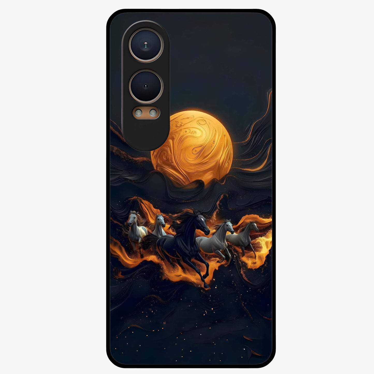 Golden Stallion Moonride Glass Case for 1+Nord CE 4 Lite majestic front view featuring horse artwork under golden moonlight