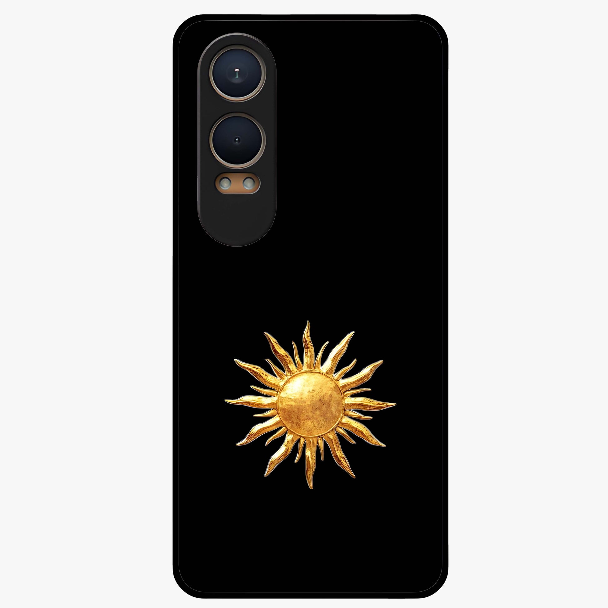 Golden Sun Minimalism Glass Case for 1+Nord CE 4 Lite clean front view featuring minimalist golden sun artwork