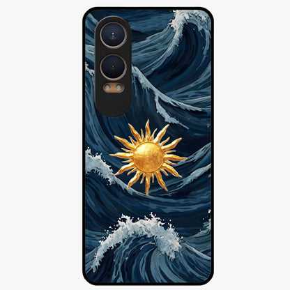 Golden Wave Rise Glass Case for 1+Nord CE 4 Lite dynamic front view featuring flowing wave artwork in golden tones